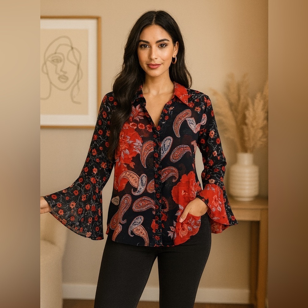 Boho Paisley Floral Bell Sleeve Sheer Blouse Sz M Retro Vintage Chic Fairytale
